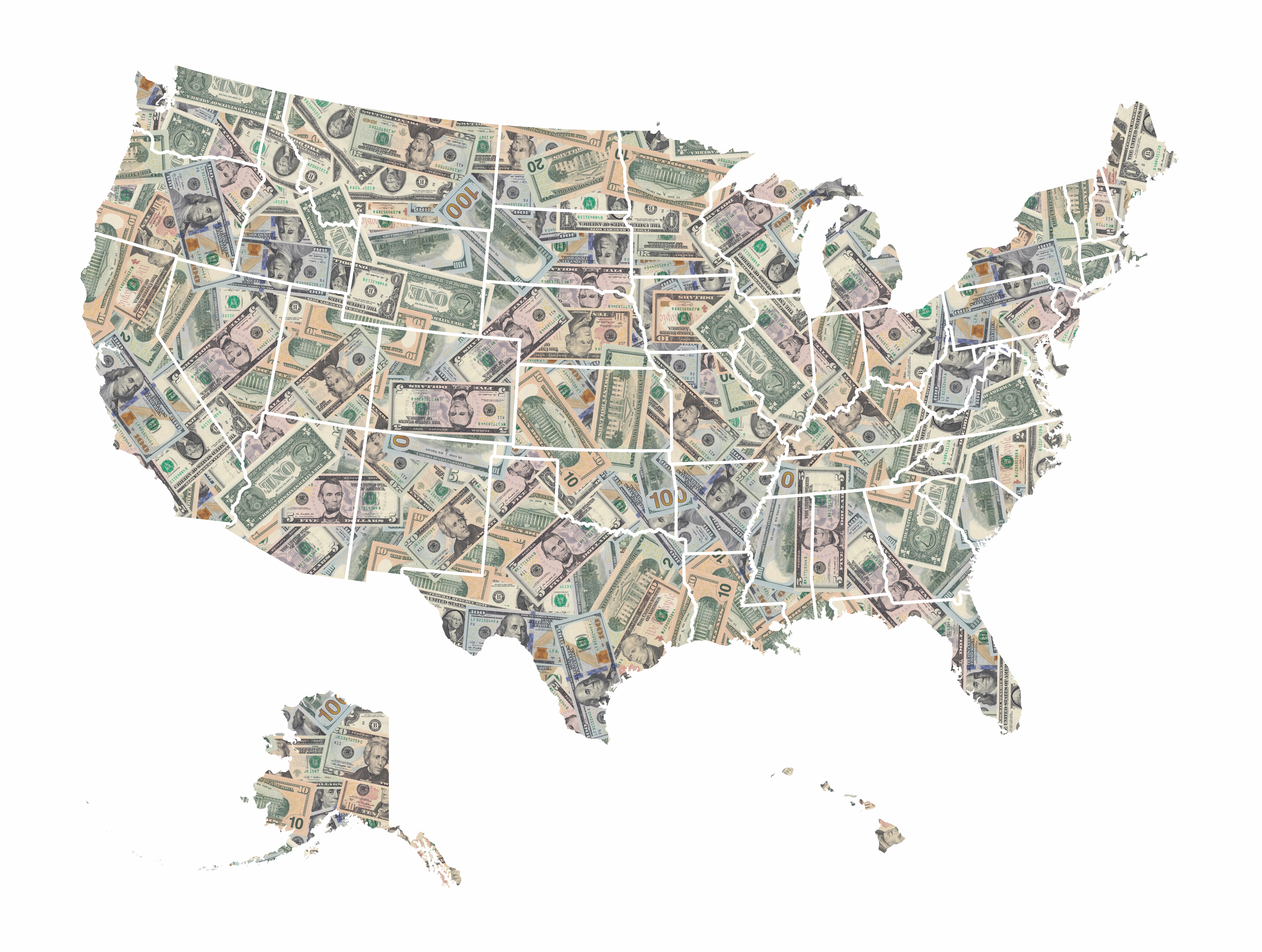 A map of the U.S. with paper currency pasted over it.
