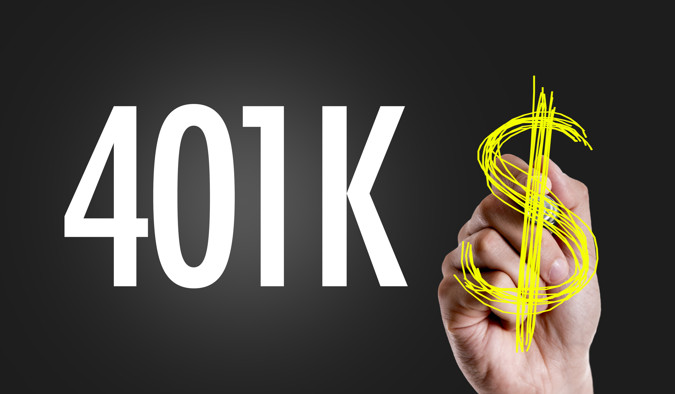 401K in white letters on a black background next to a hand drawing a yellow dollar sign
