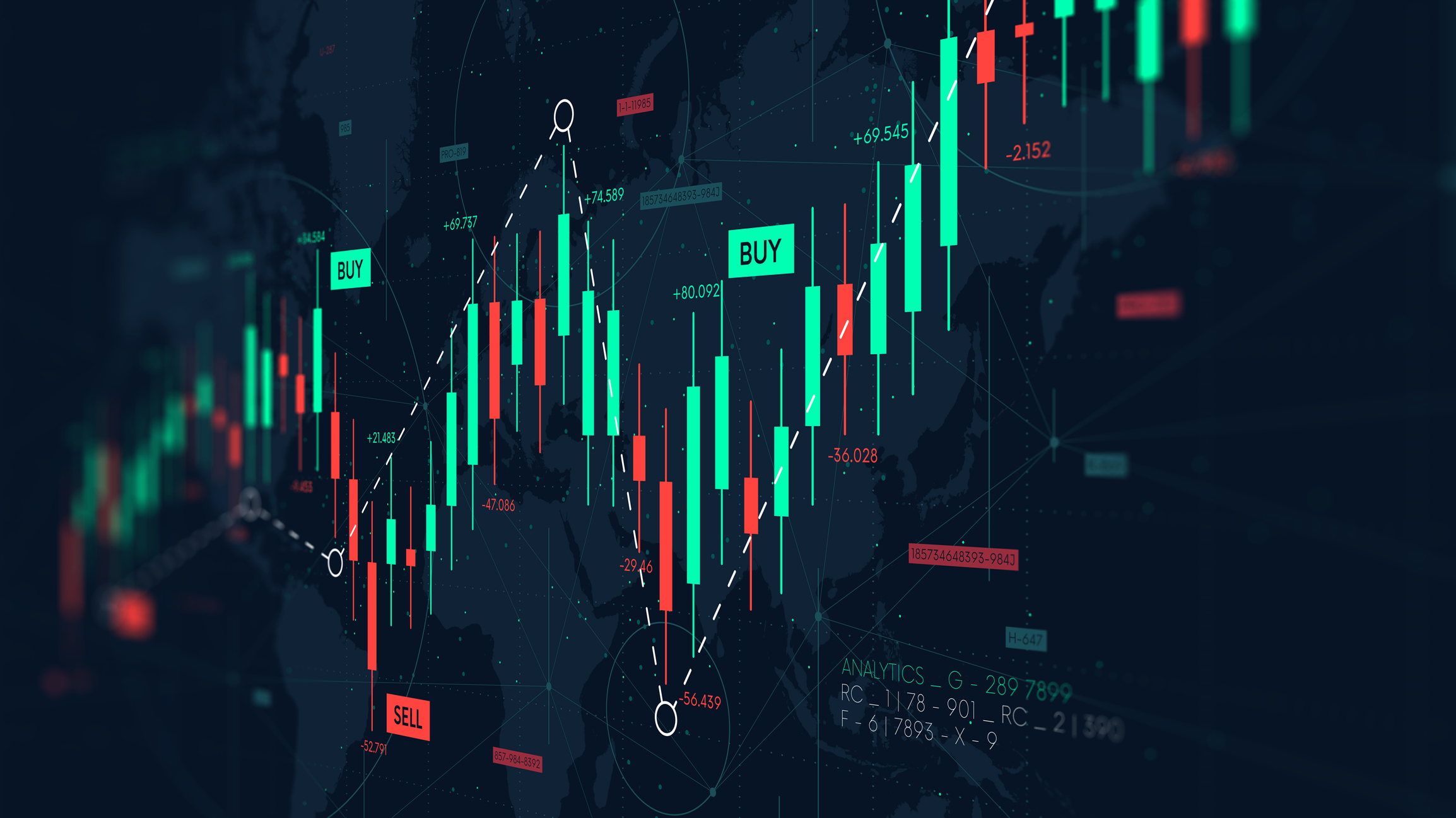 A candlestick chart of a stock with its price ascending upward.