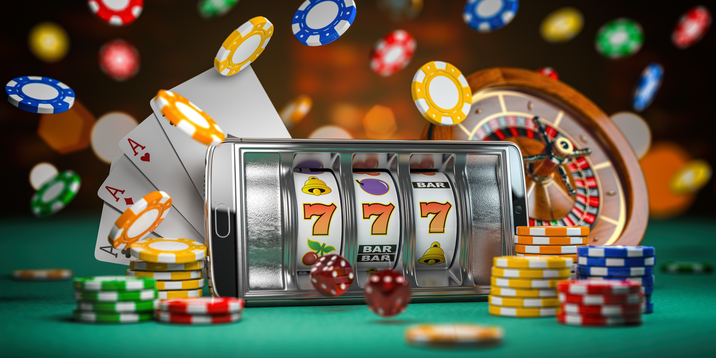Casino chips raining down along with section of slot machine on display