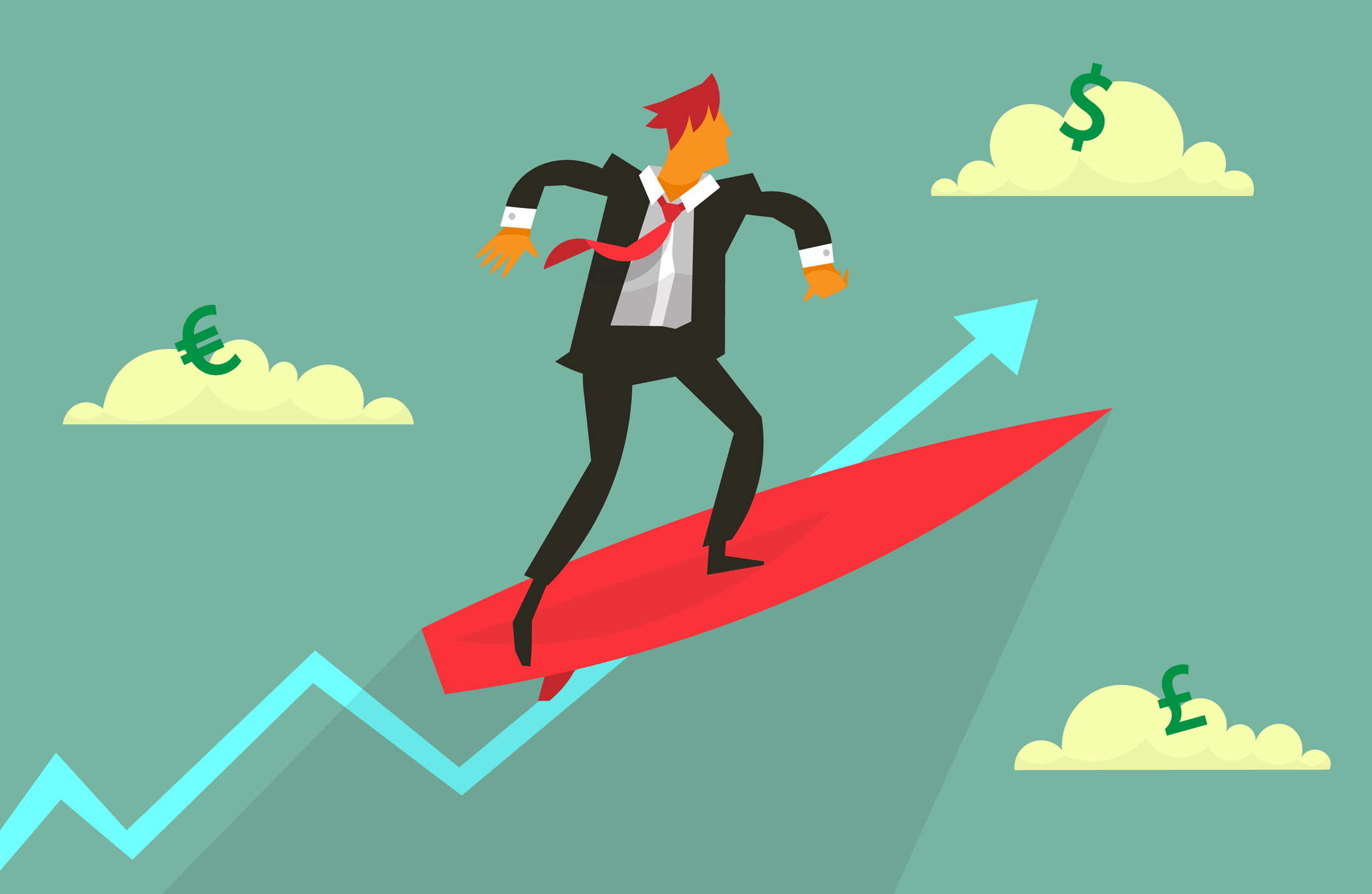 Businessman on surfboard riding a blue arrow pointing up.