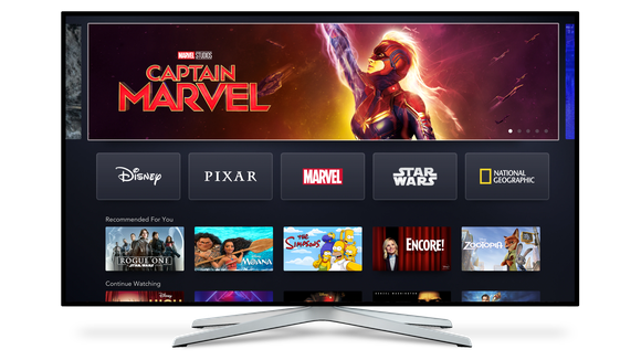 The Disney+ home screen displayed on a television.