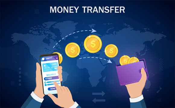 image of digital money transfer from a smartphone to a wallet with globe in the background