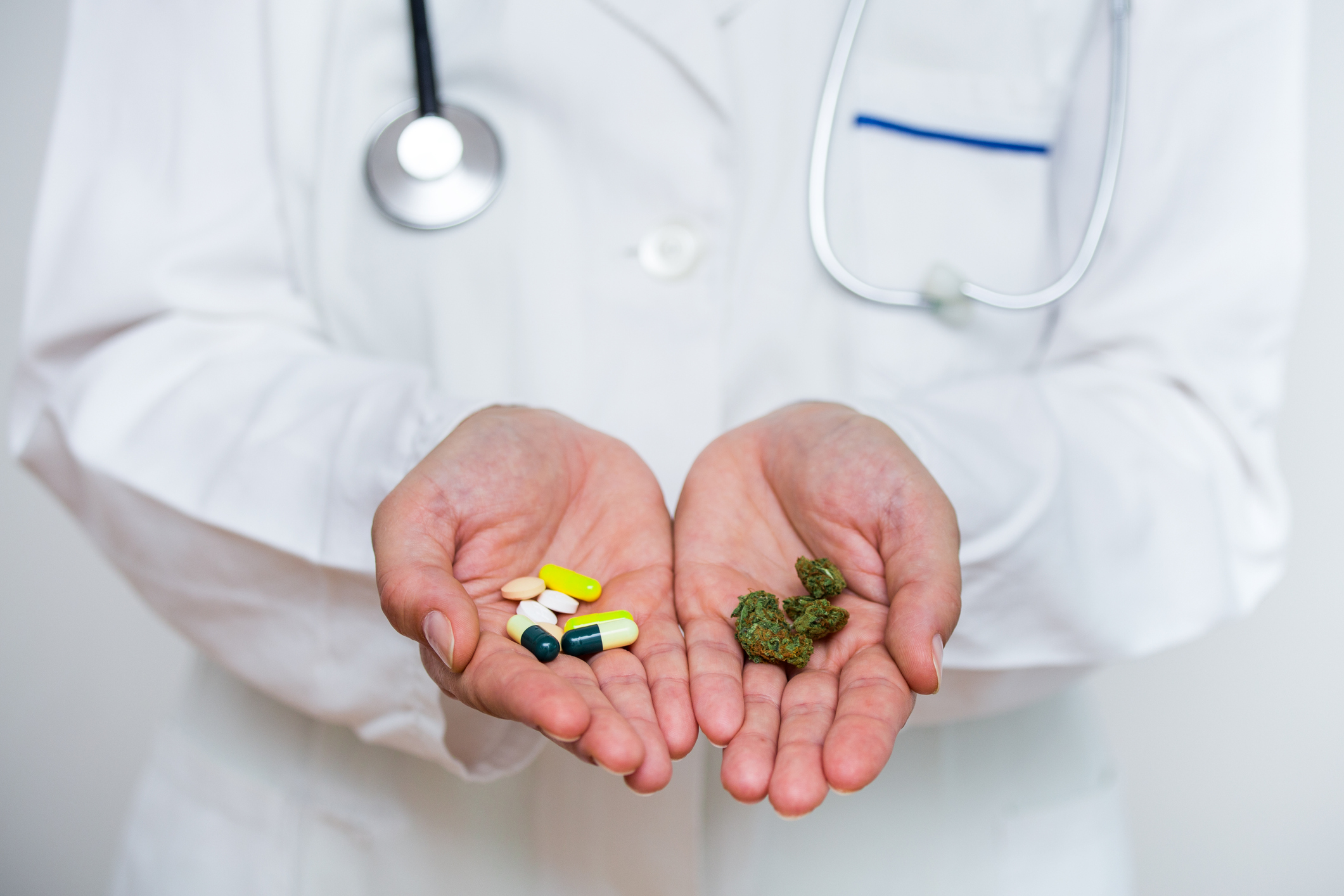 Doctor holding pills in one hand and marijuana buds in the other