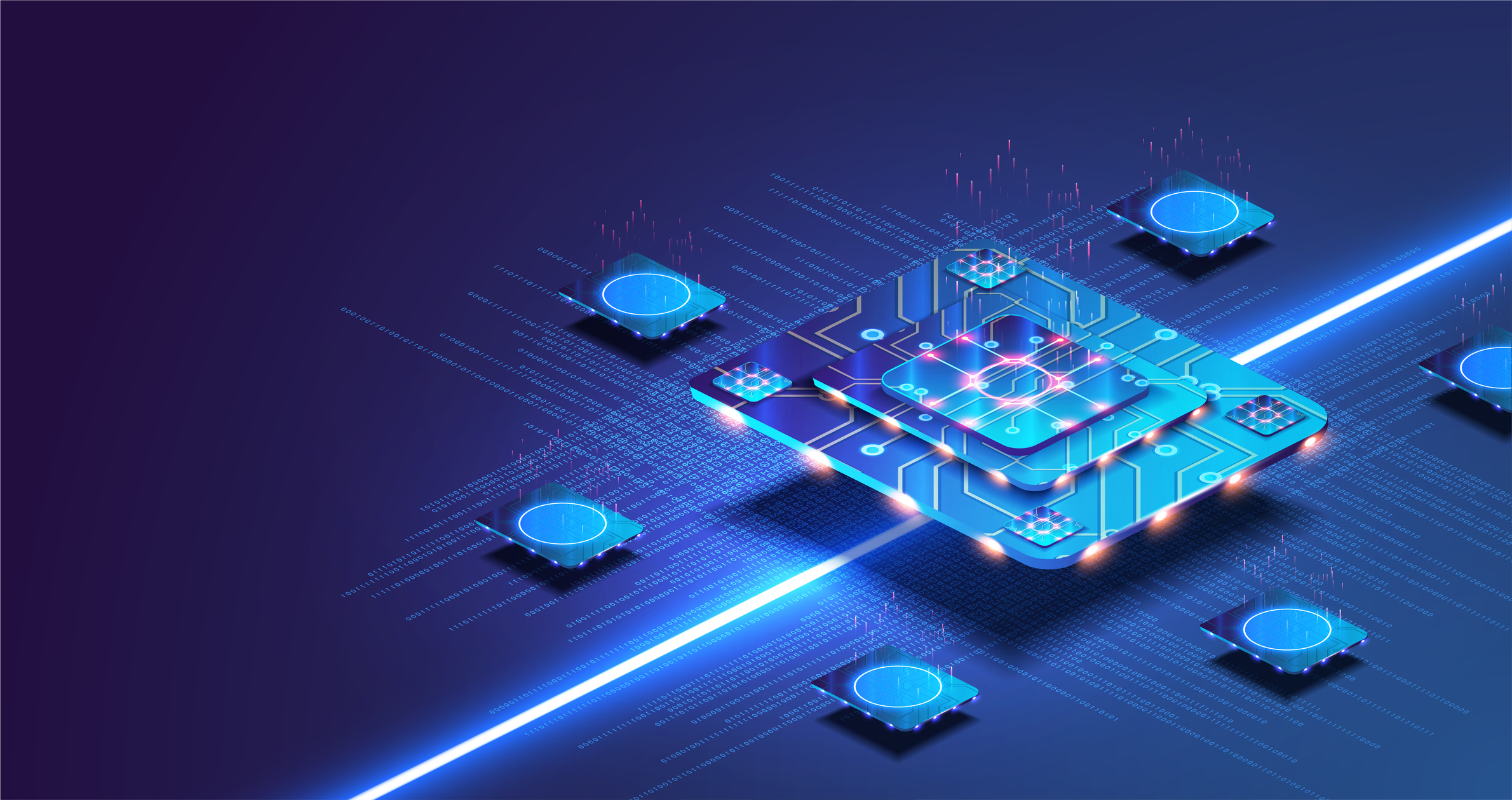A semiconductor rising out of a blue animated motherboard. 