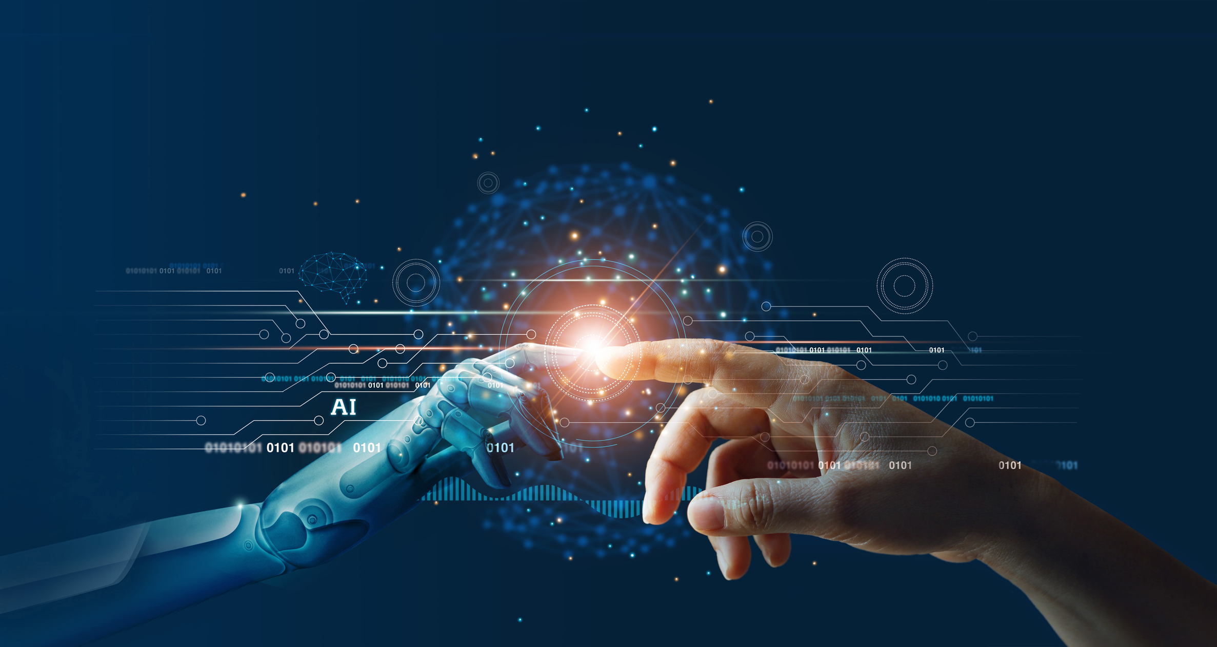 Human finger touching finger of AI-driven robot.