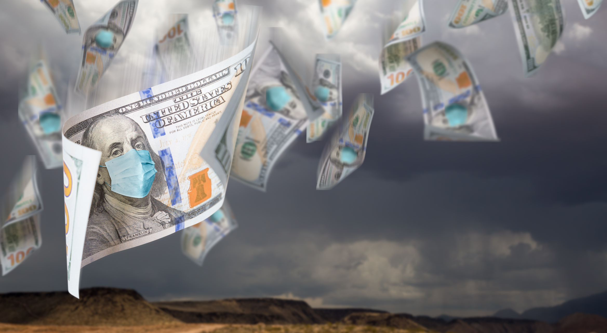$100 Dollar bills with face masks on Benjamin Franklin falling from a stormy, cloudy sky.