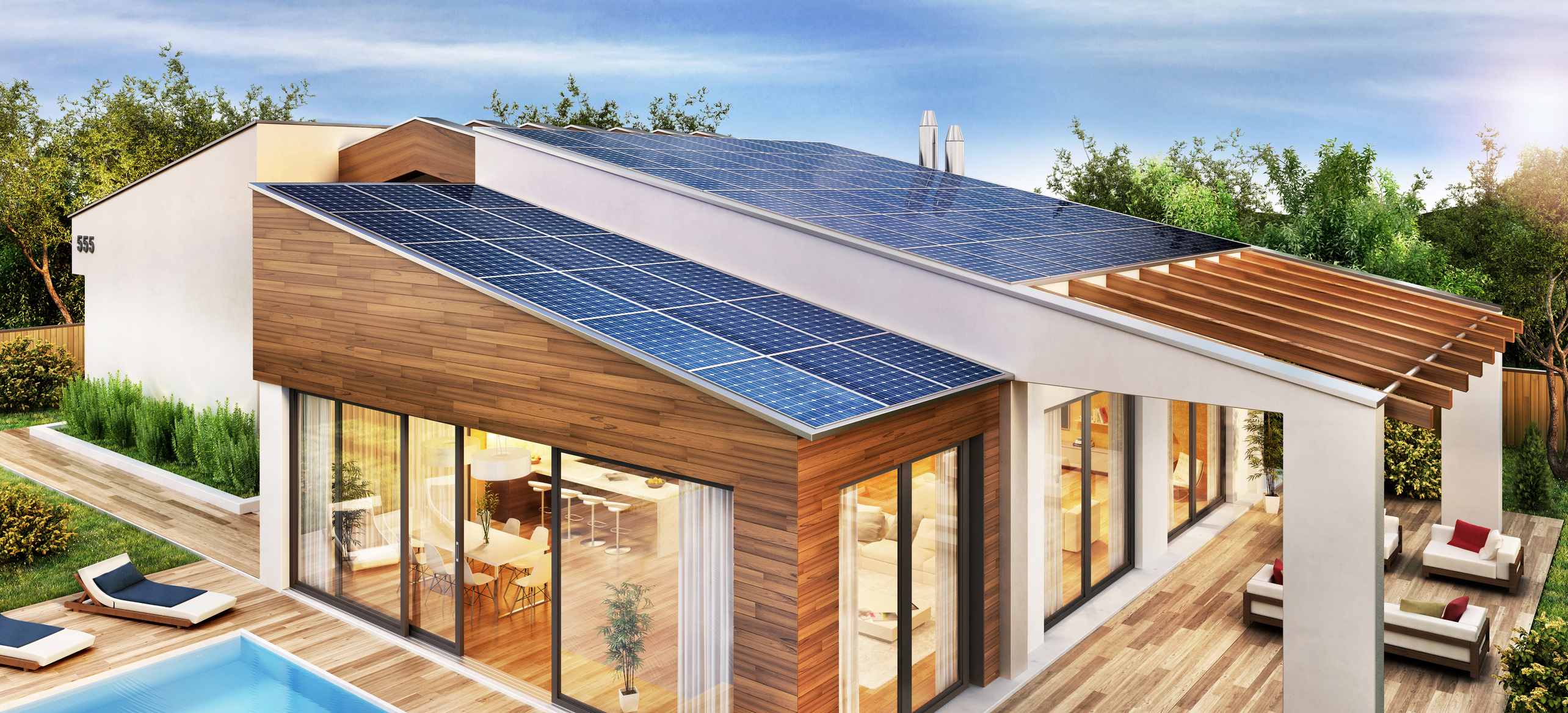A drawing of a modern house with solar panels on the roof.