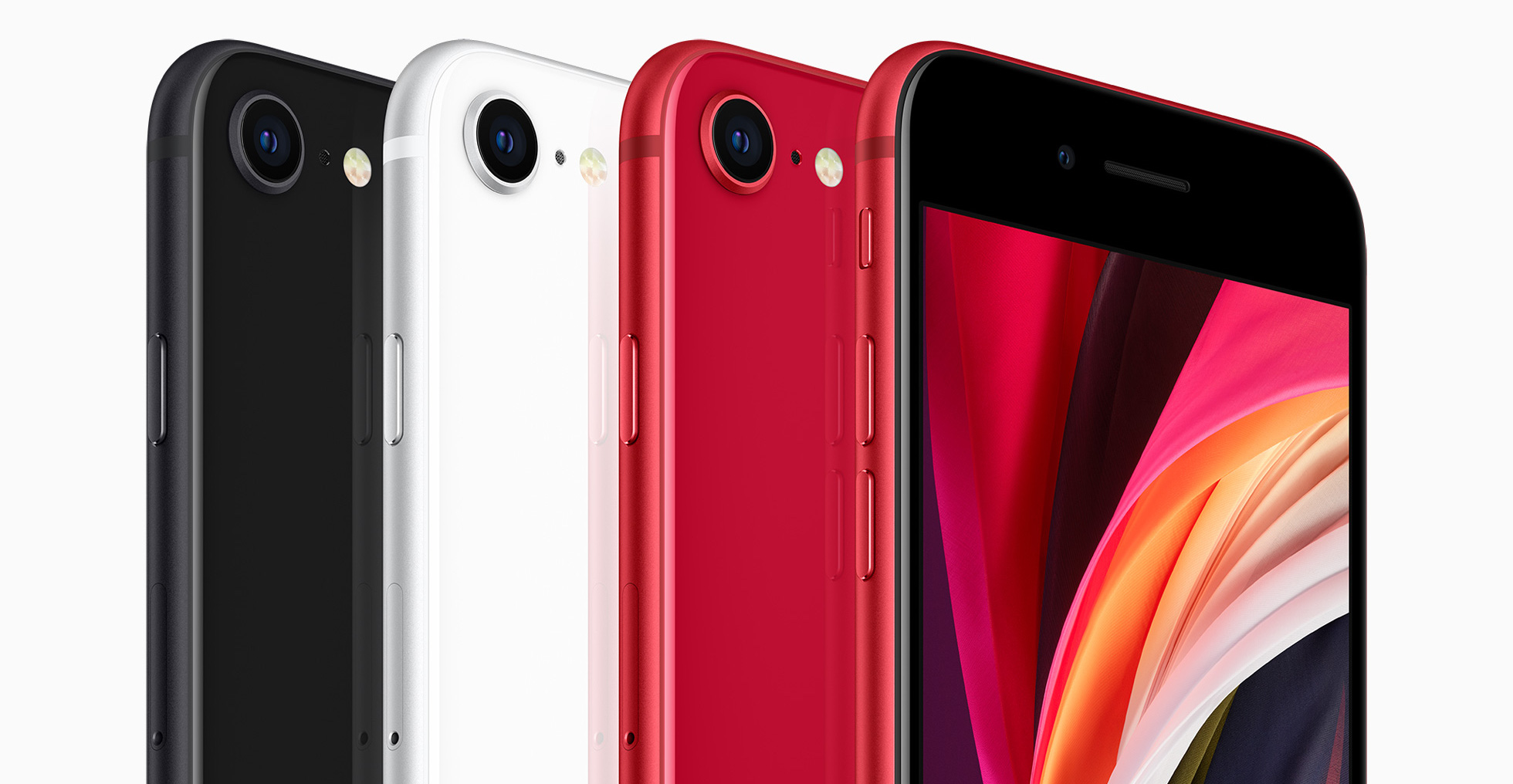 iPhone SE 2 in black, white, and red