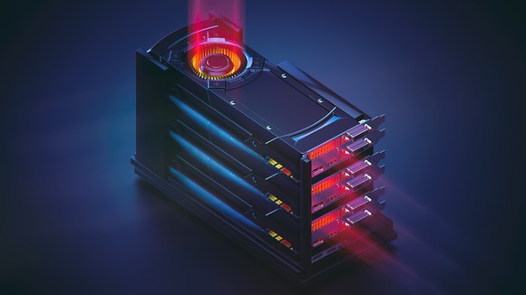 Graphics cards stacked on top of one another.