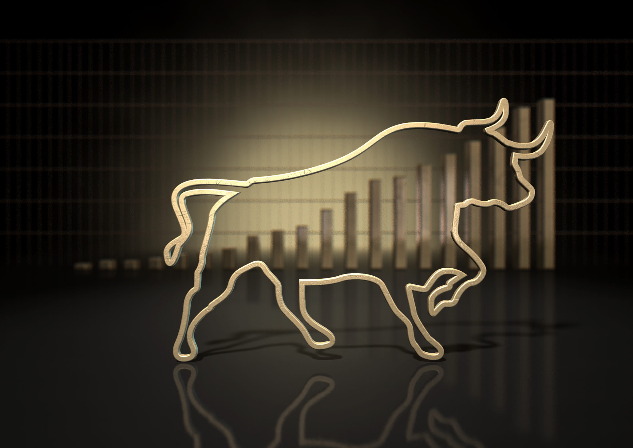 The outline of a bull superimposed on top of an ascending bar graph.