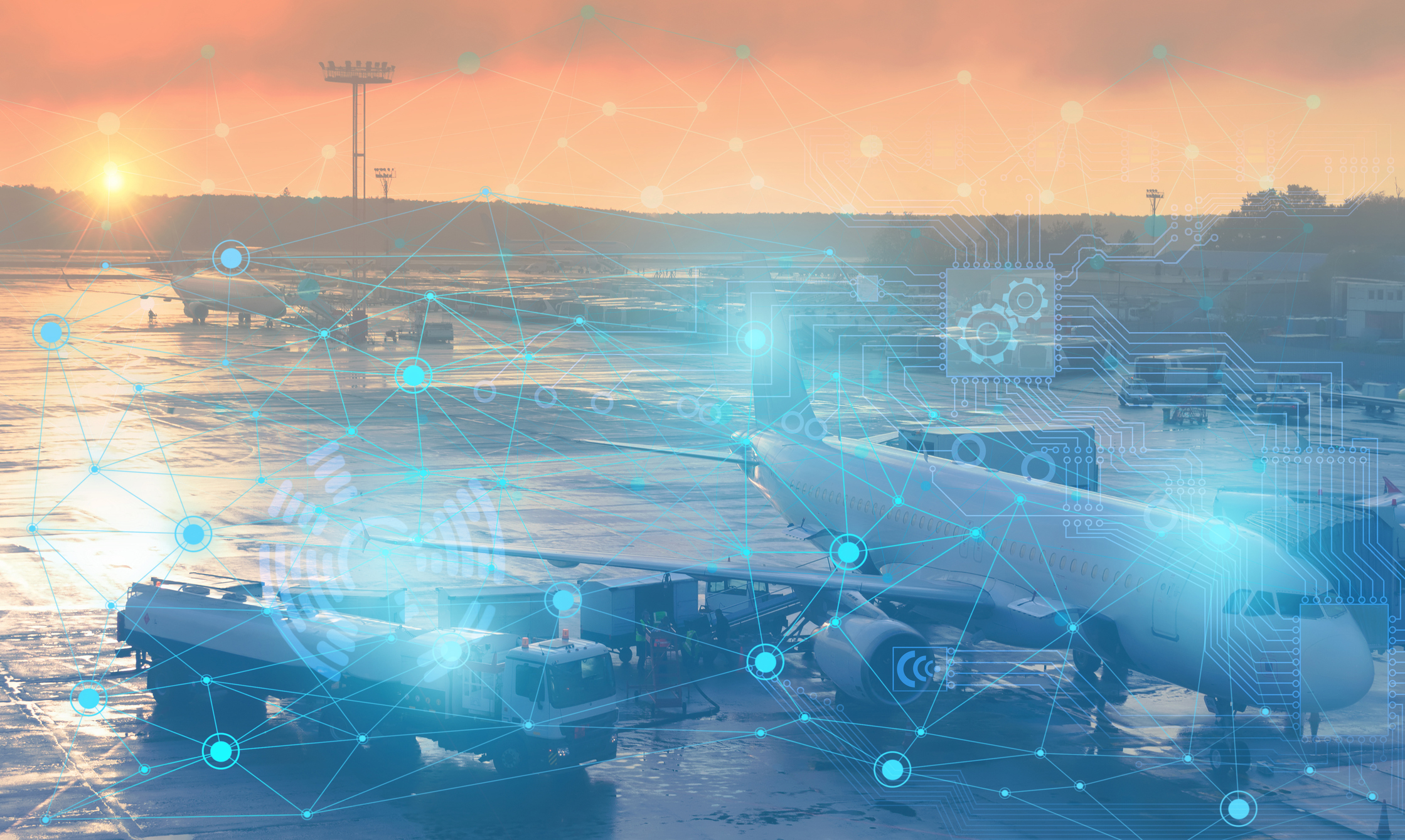 A parked airplane with a digital network superimposed over it.