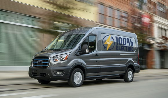 A midsize version of the Ford E-Transit, an electric commercial van.