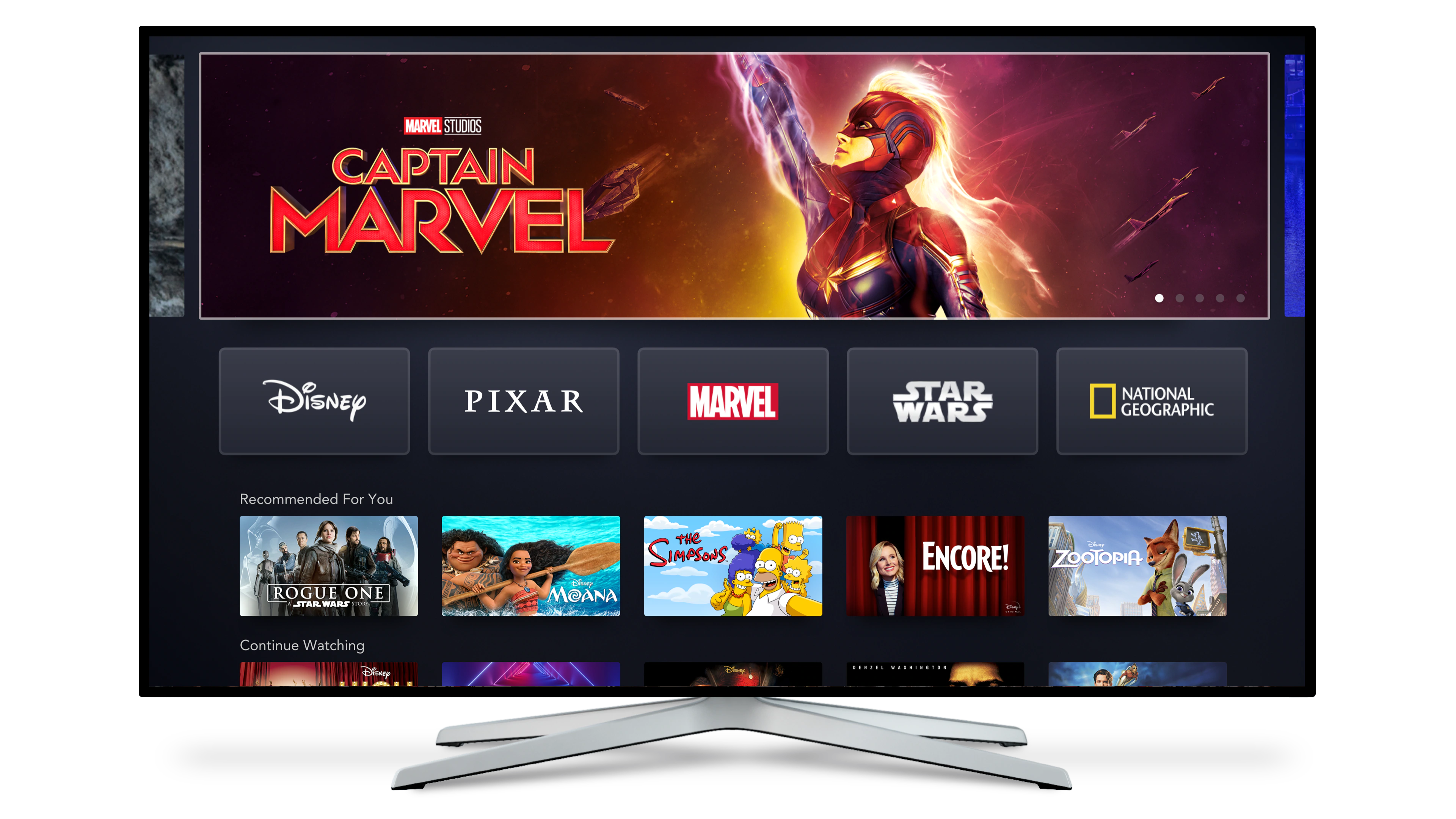 The Disney+ homescreen displayed on a television set.