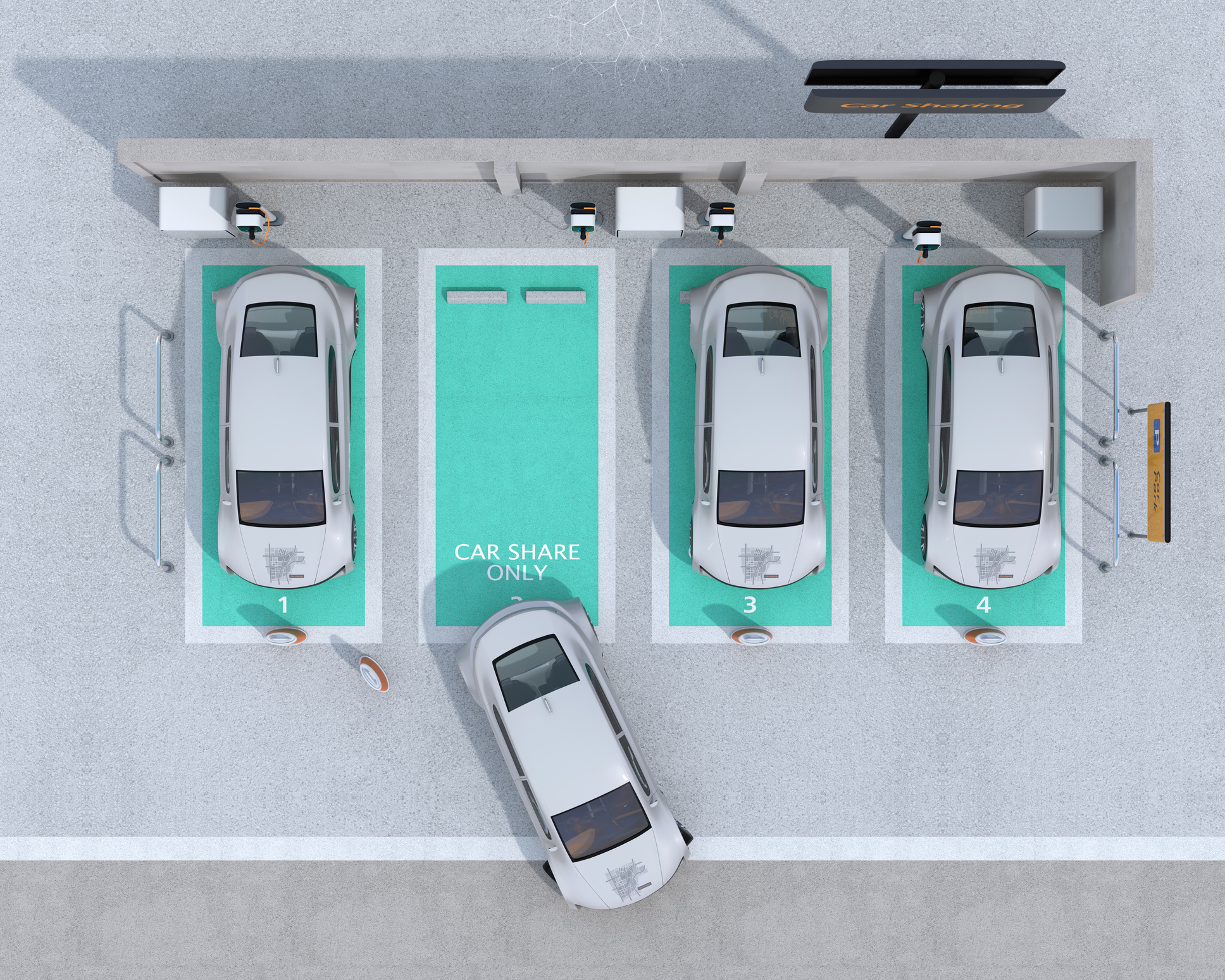 Four EVs either parked or pulling into dedicated parking spaces with chargers.