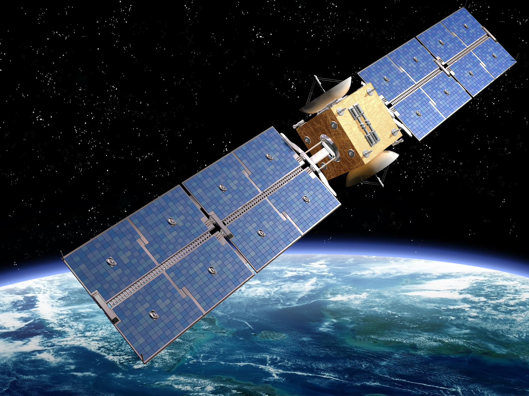 Satellite with solar panels orbiting