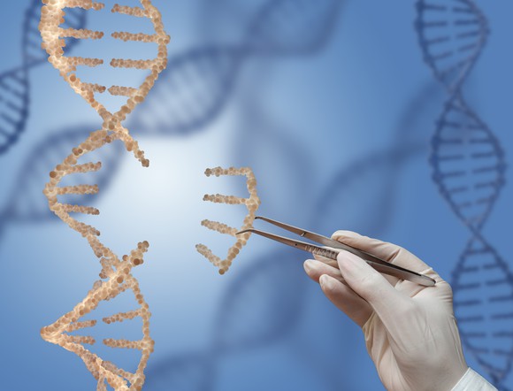 A double helix DNA strand with a piece missing and a gloved-researcher inserting the missing piece.