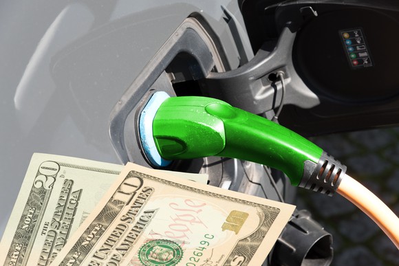 U.S. currency pictured along with an electric vehicle charging port