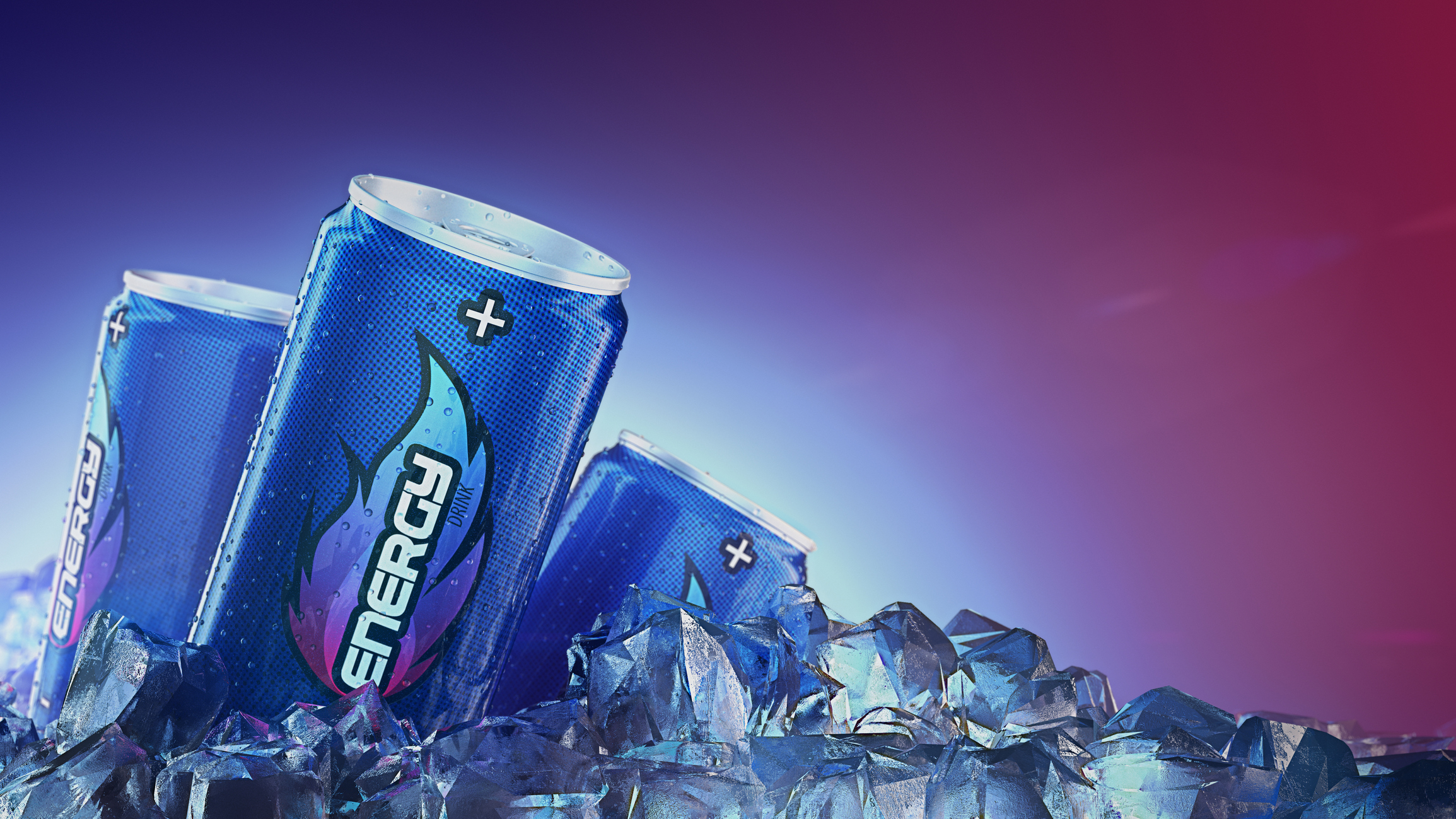 Generic energy drinks in blue cans resting in ice cubes.