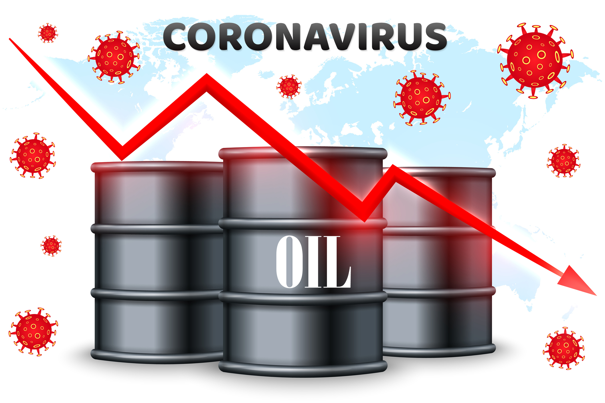 Oil barrels superimposed on a world map with coronaviruses and the word Coronavirus