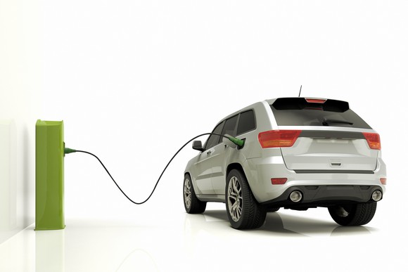 SUV with a charging cable plugged in from a green box.