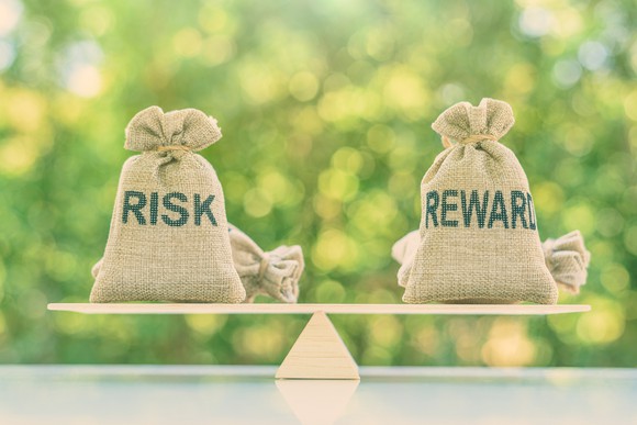 Two bags on opposite ends of a balance labeled "risk" and "reward"