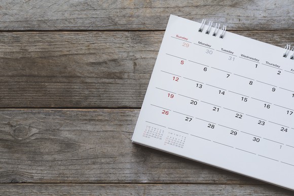 Calendar sitting on wooden surface