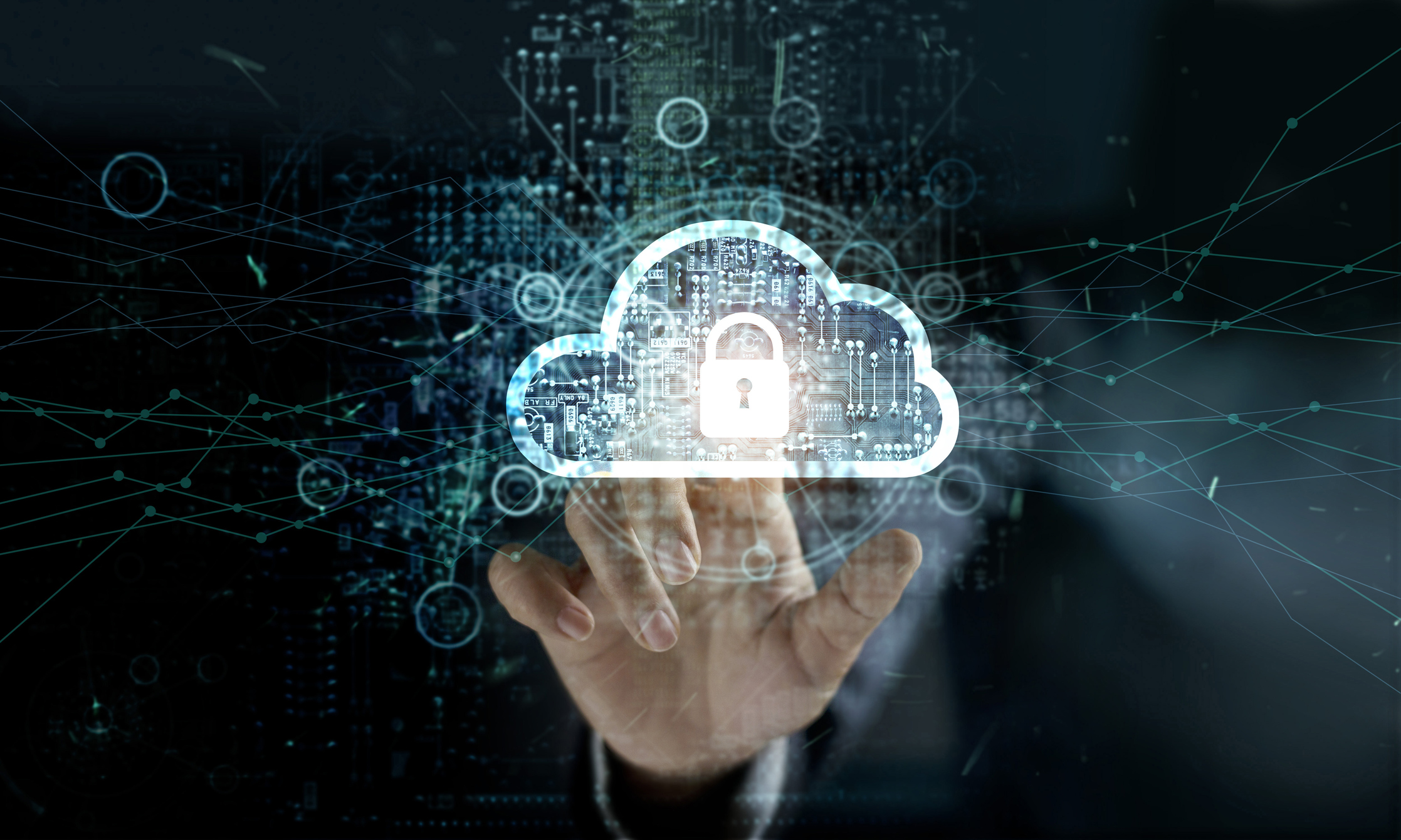 Man touching cloud with padlock icon on network connection