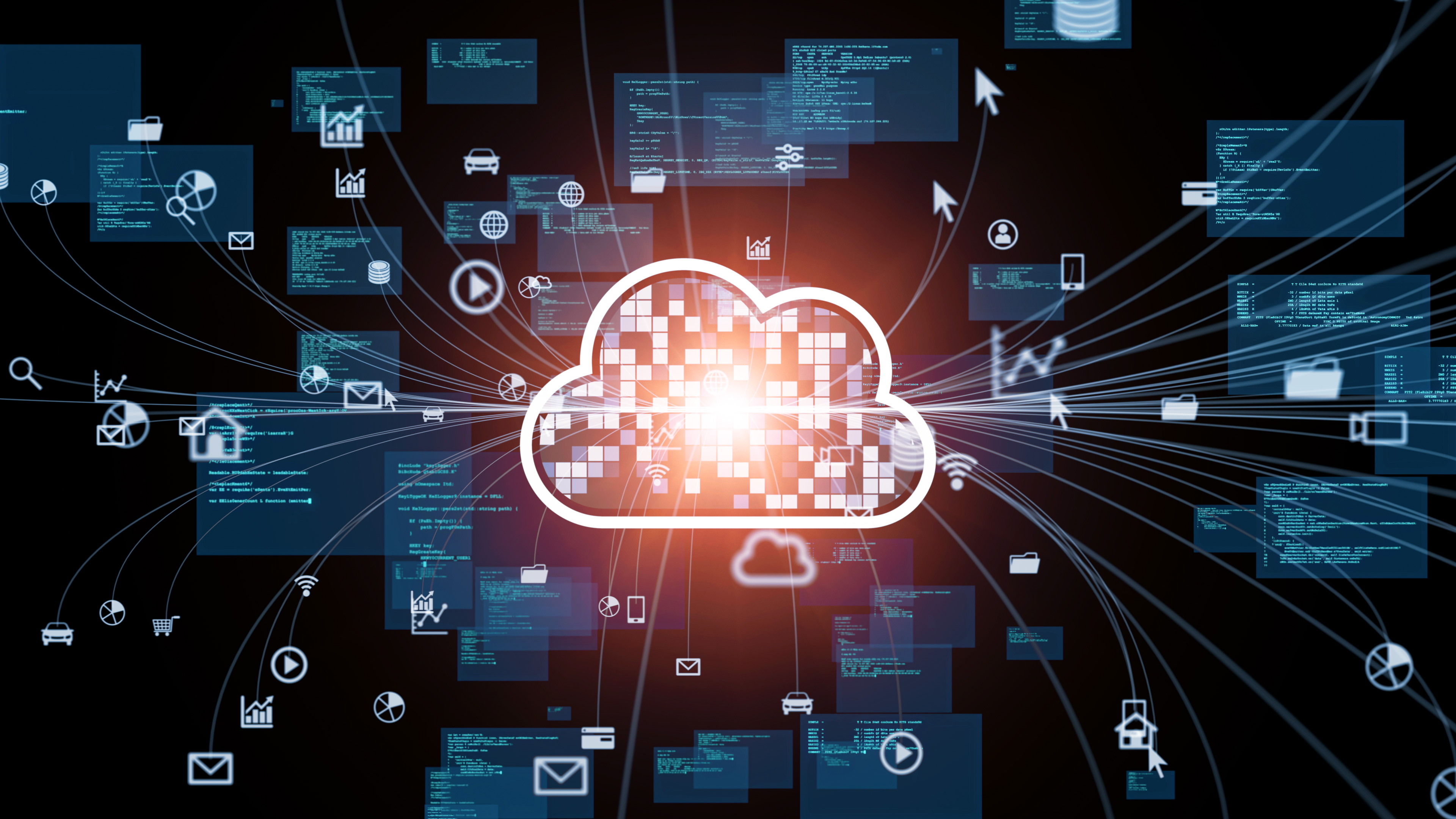 A cloud icon surrounded by screens.