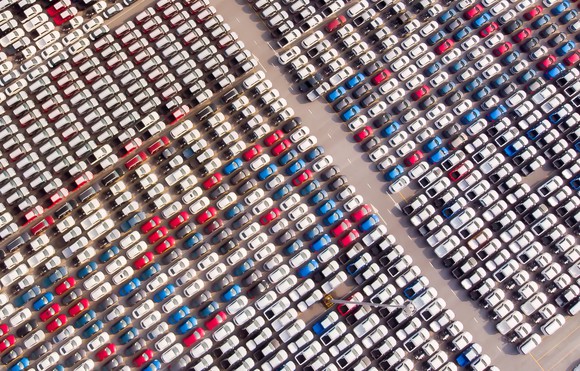An aerial view of a large parking lot.