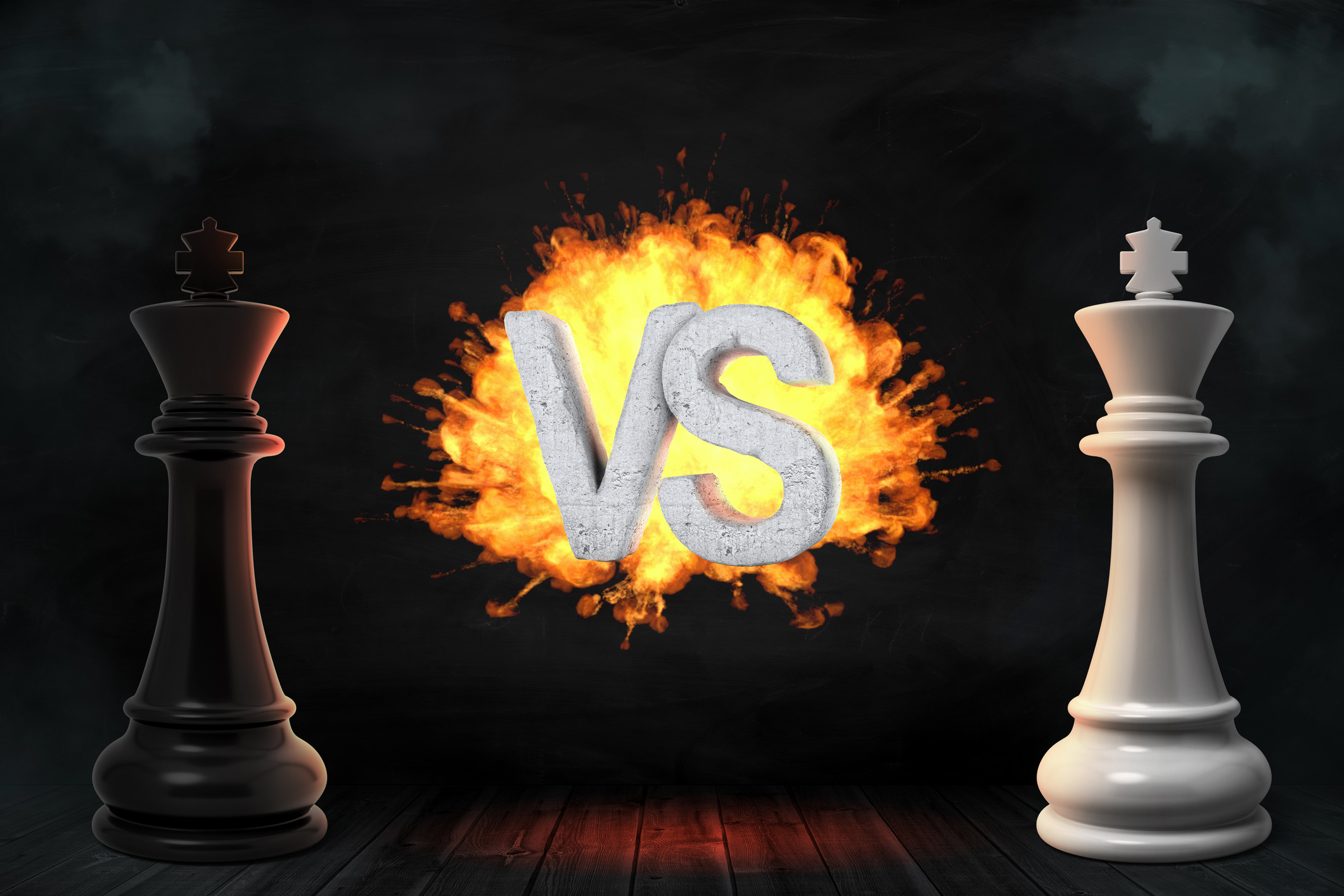 Two king pieces facing each other with the letters VS in a burst of fire between them. 
