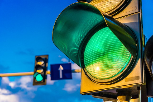 A traffic light showing green.