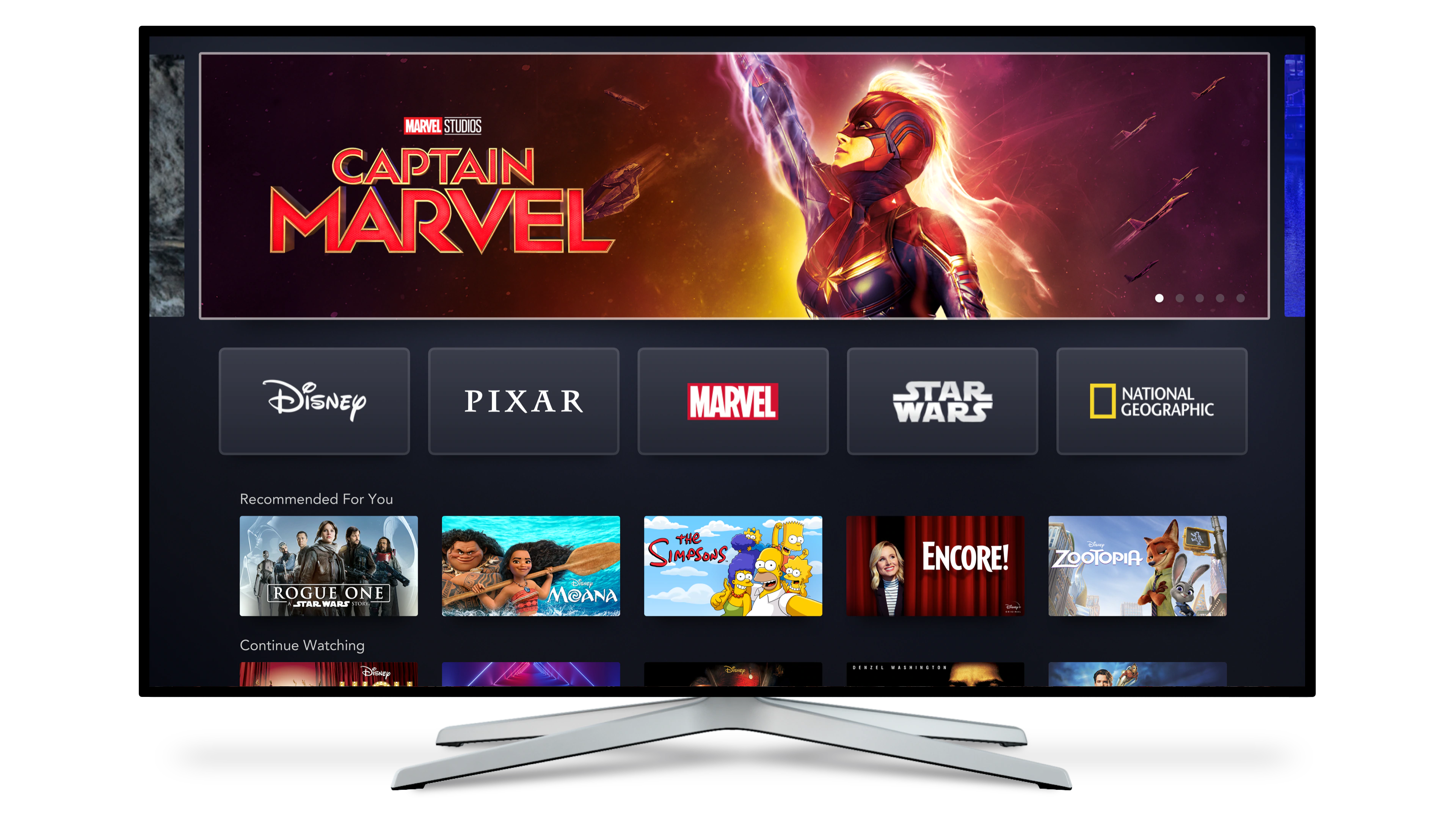 The Disney+ homescreen on a television