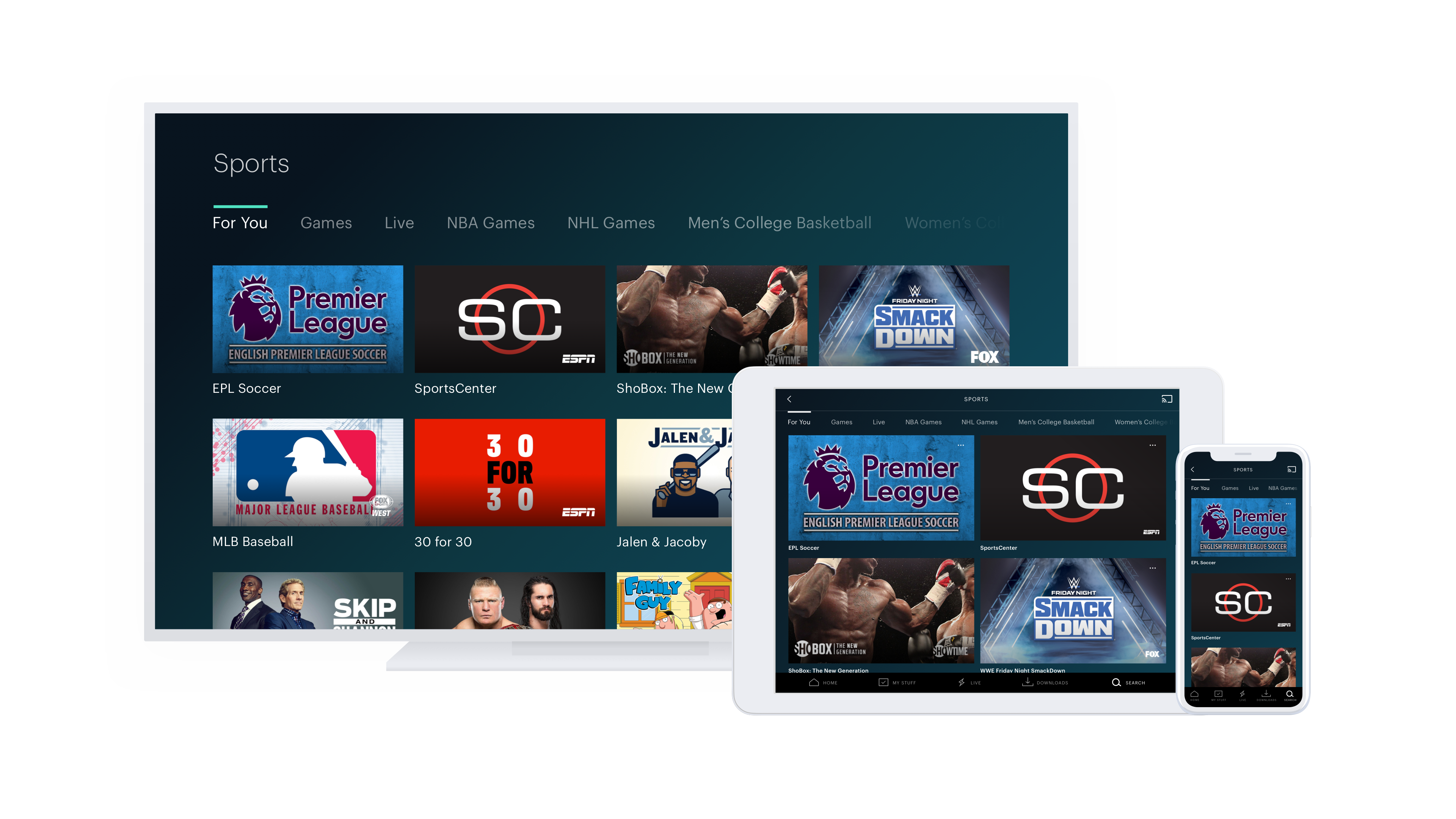 Hulu + Live TV on a television, tablet, and smartphone