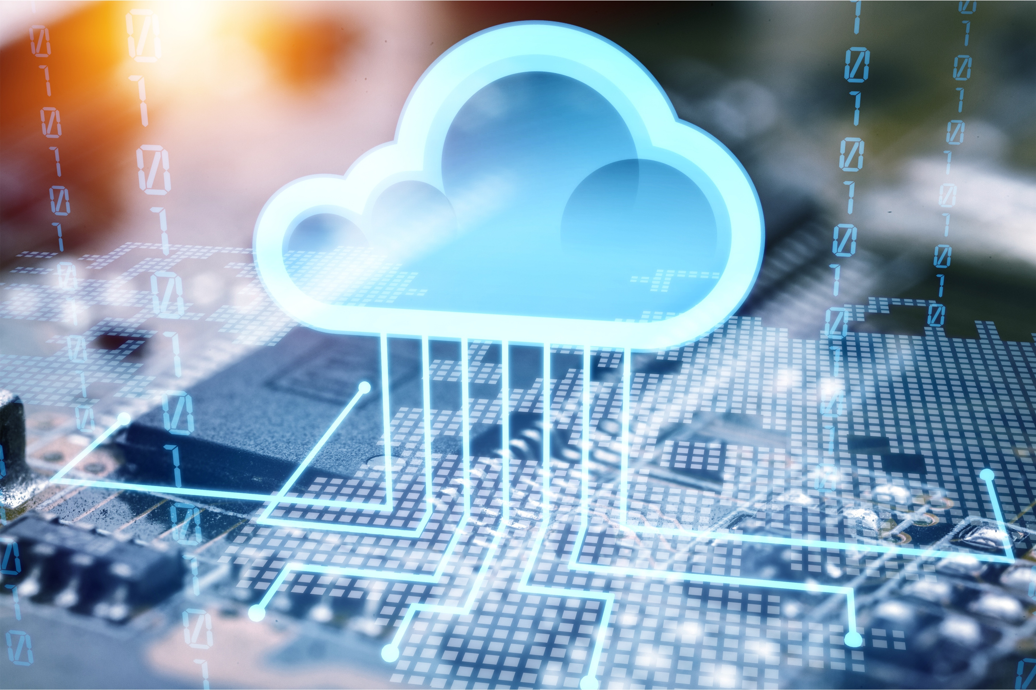 Illustration shows image of a cloud floating over a circuit board with lines linking different parts of the board to the cloud