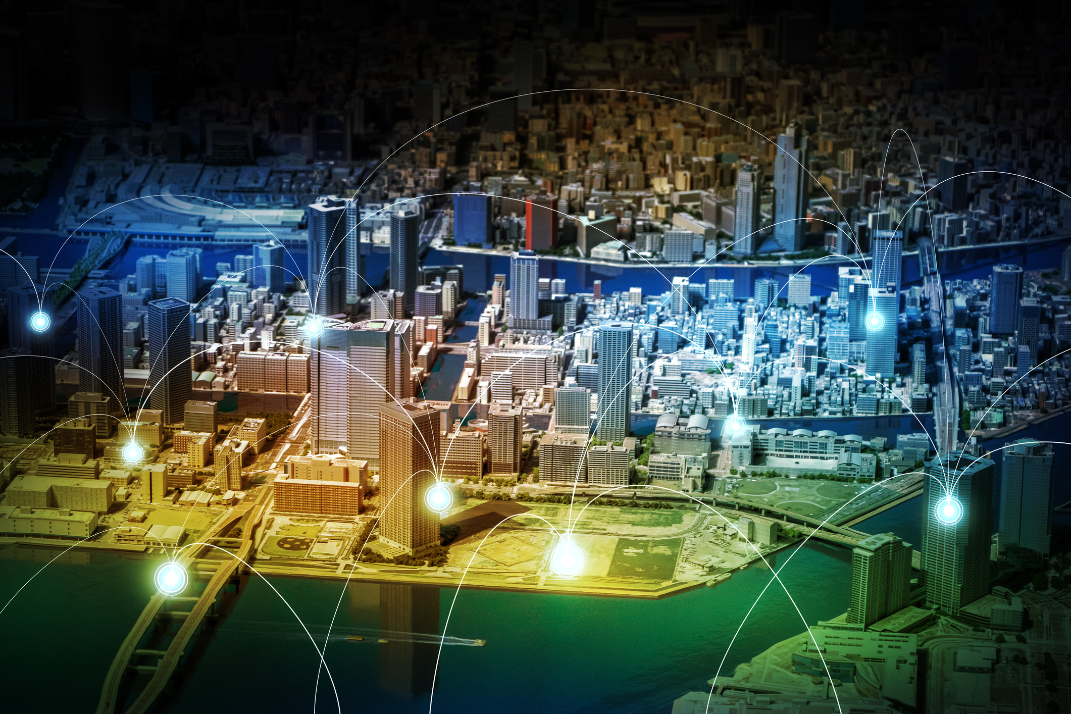 A network of wireless connections across a city.