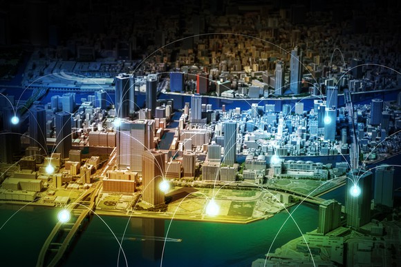 A network of wireless connections across a city.