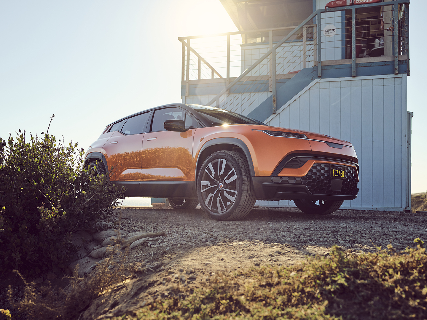Orange Fisker all-electric Ocean SUV