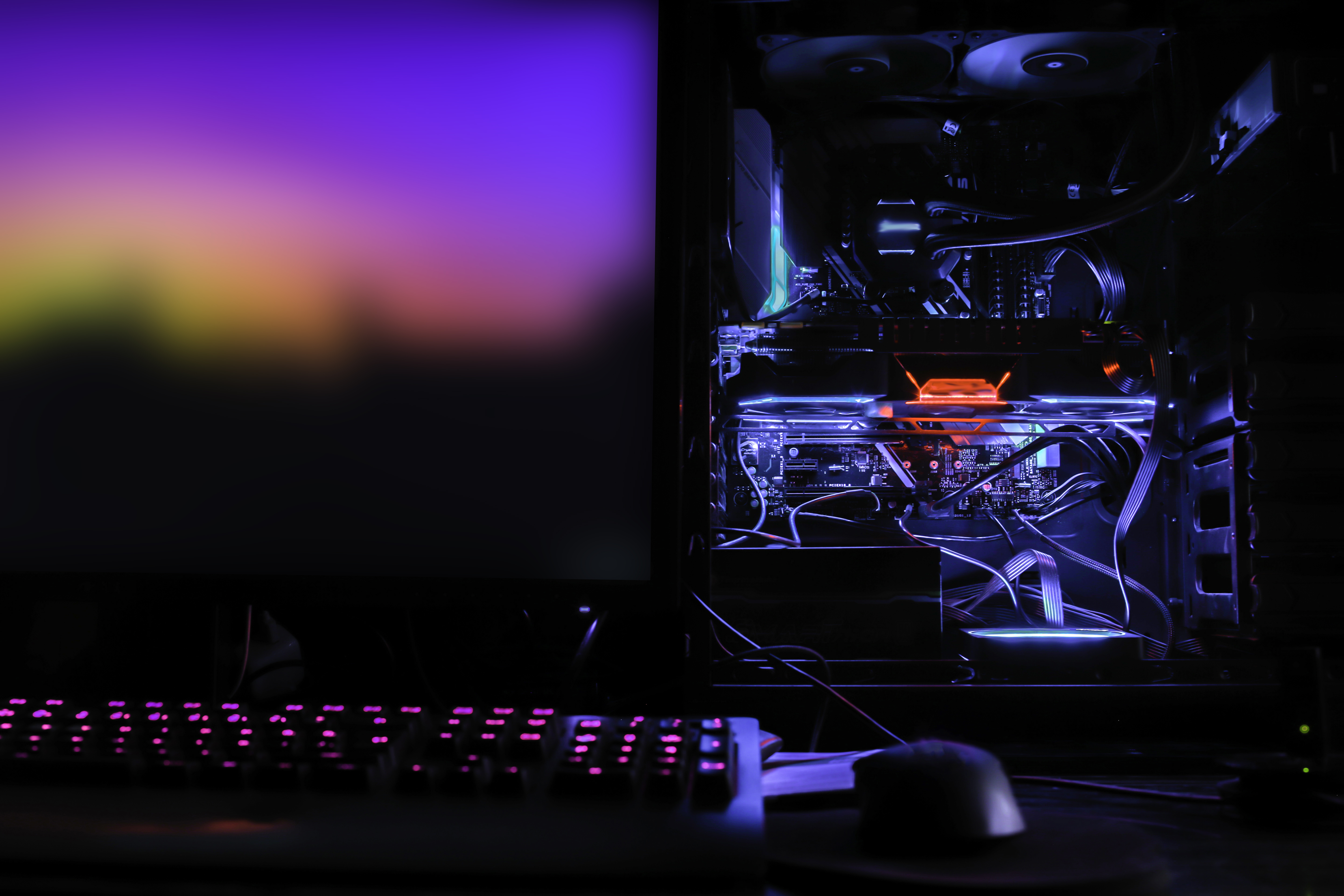 A desktop PC with an open case.