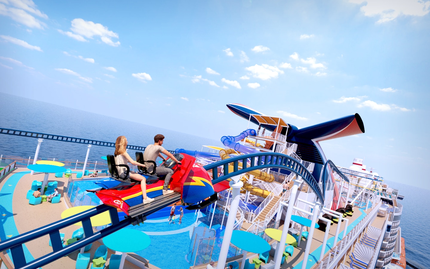 Concept art for the rollercoaster on the top deck of the Carnival Mardi Gras ship.