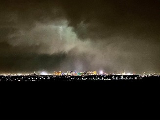 Las Vegas at night during a winter storm