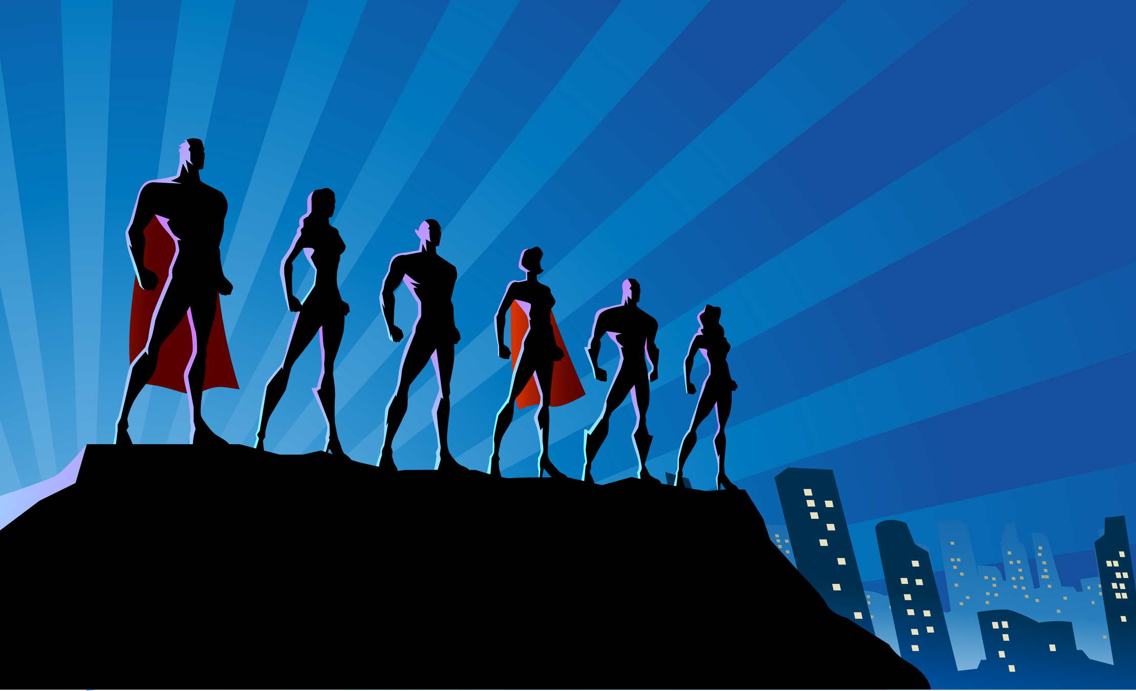 Silhouettes of six male and female superheros standing on a ledge in front of a city at night.