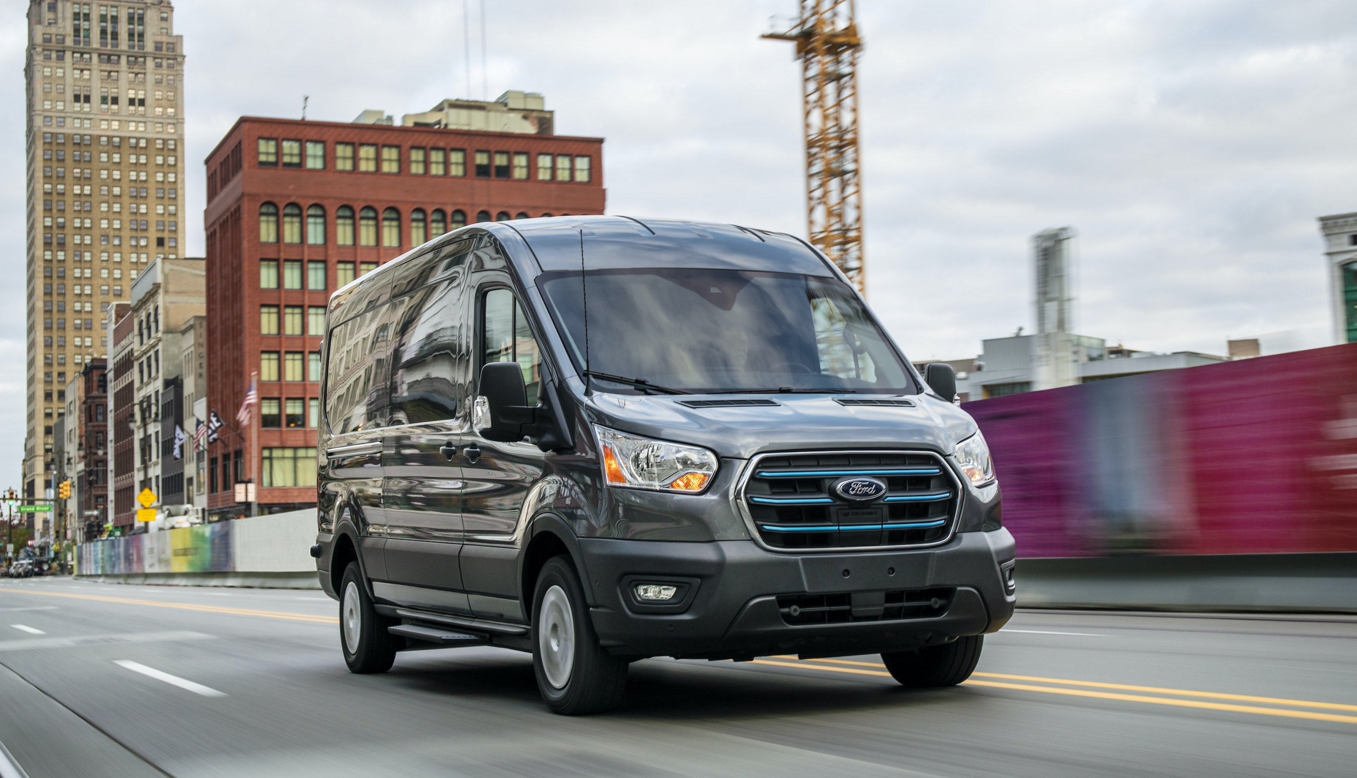 A 2022 Ford E-Transit, a battery-electric commercial van.