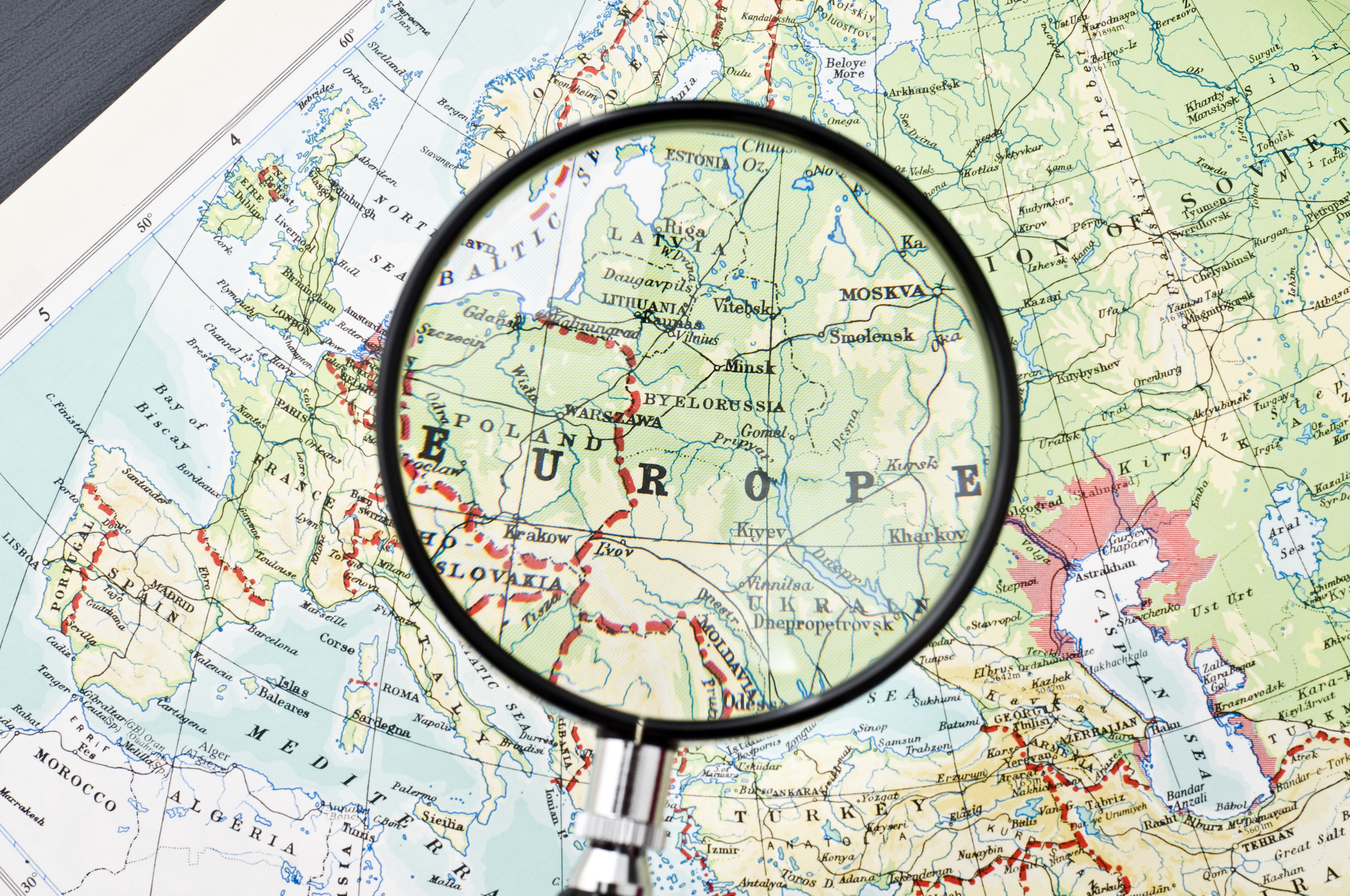 Map of Europe under a magnifying glass