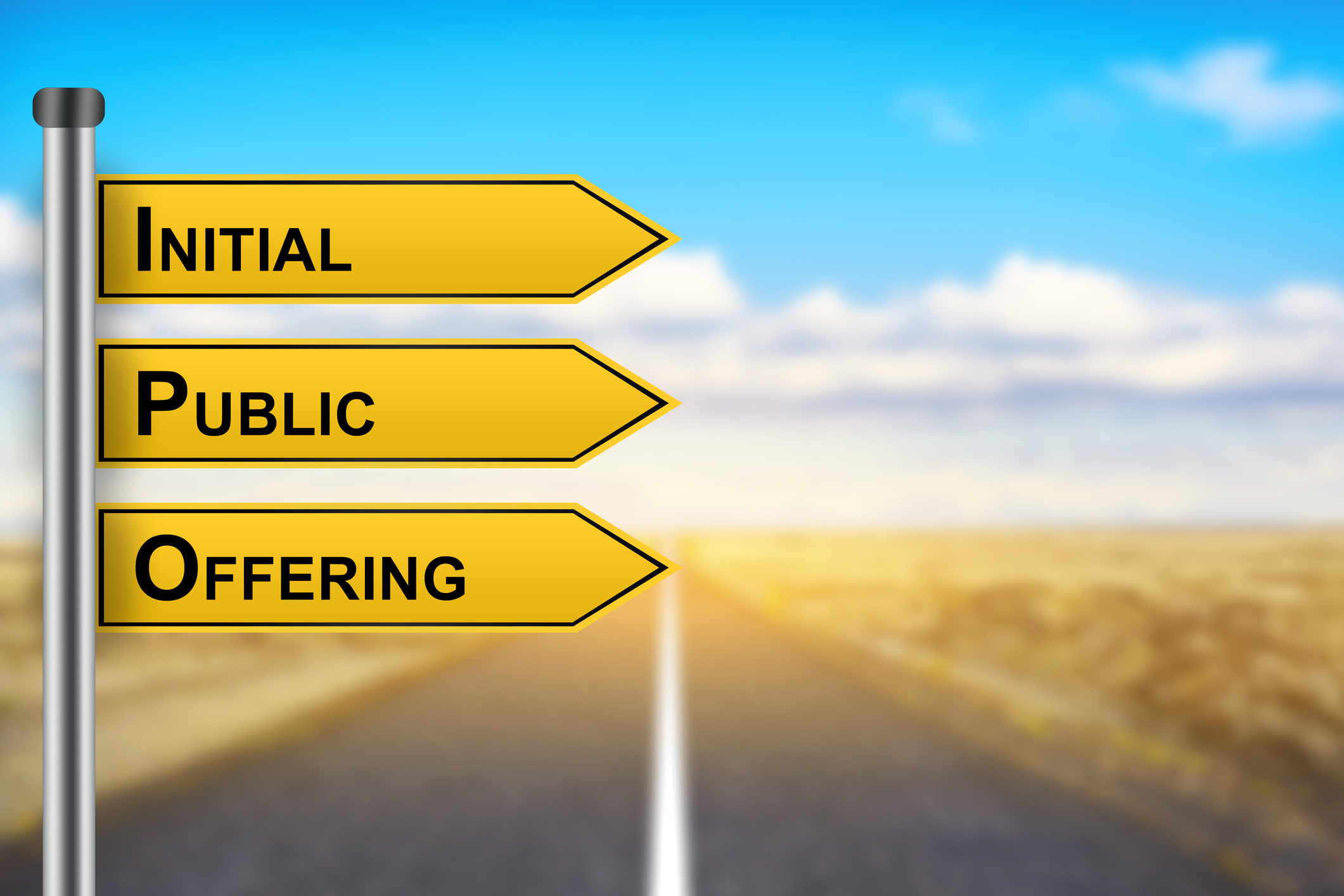 Initial Public Offering written on a series of road signs