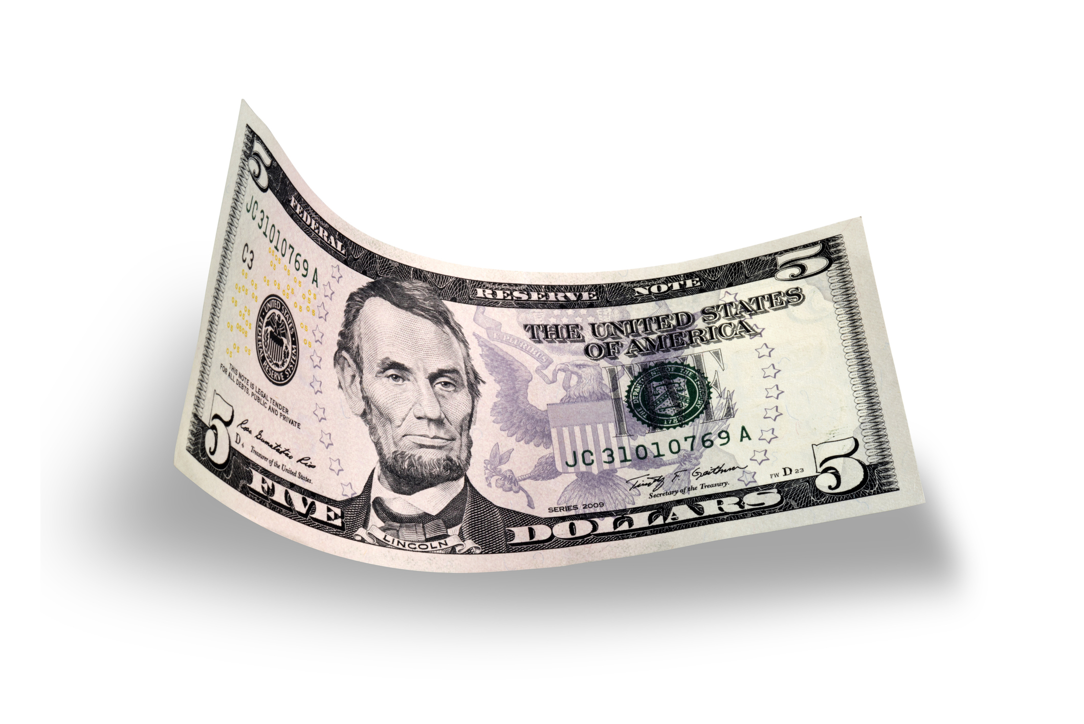 $5 bill floating on a white background