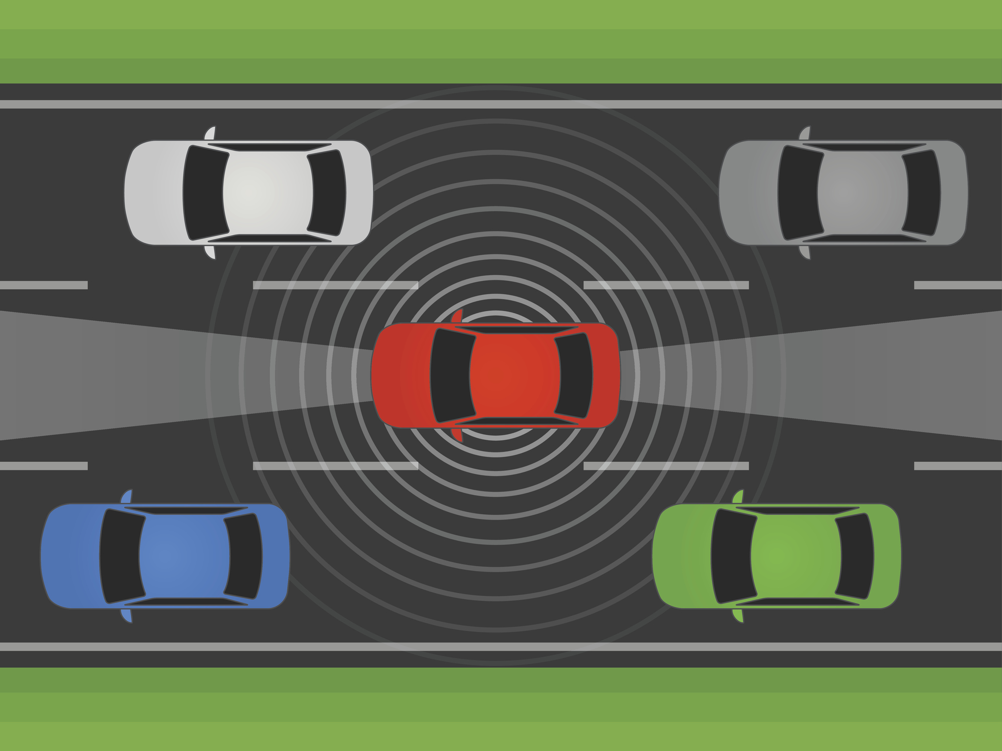 Red car amidst traffic, surrounded by concentric circles representing lidar signals