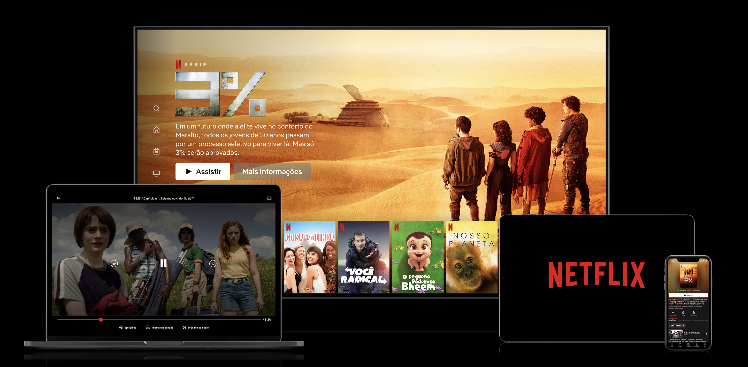 The Netflix app displayed on a TV, laptop, tablet, and smartphone.
