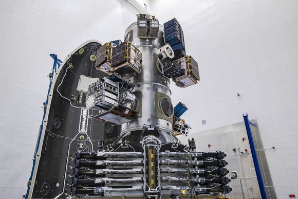 Stacked satellites within the Transporter-1 spacecraft.
