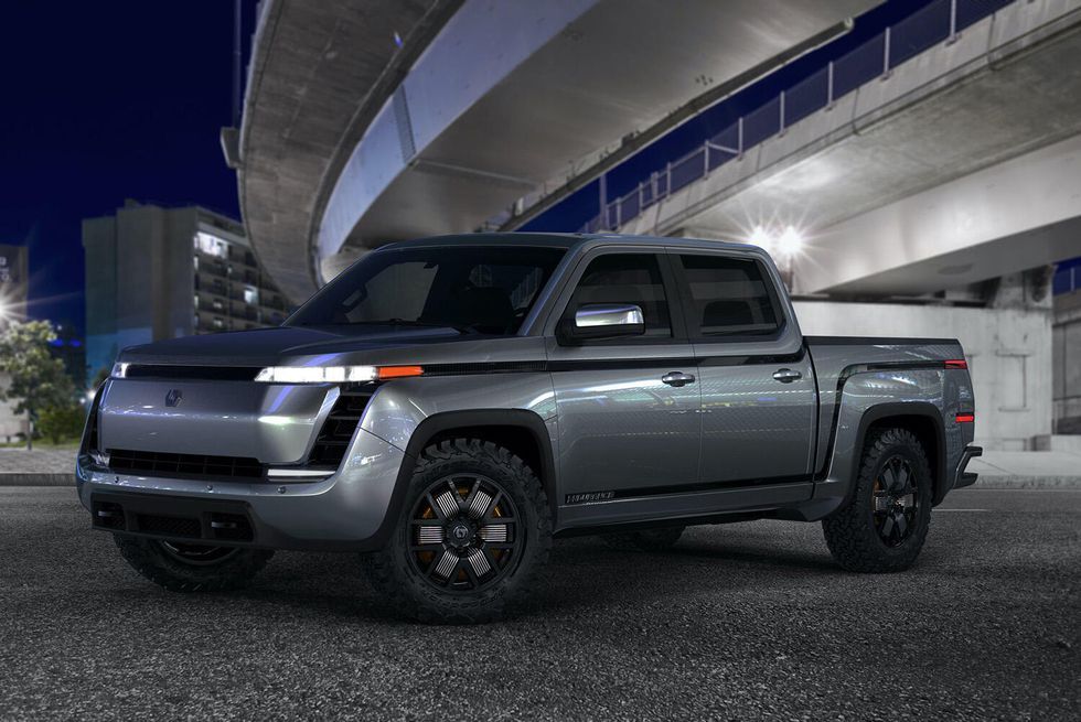 A silver Lordstown Endurance, an electric pickup truck.
